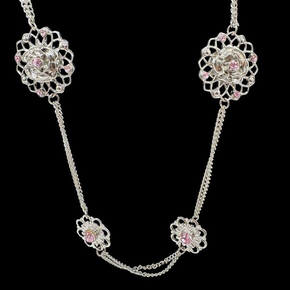 Silver Tone Pink Rhinestone Flower Statement Necklace 1940's 50's Retro Design - Picture 2 of 10